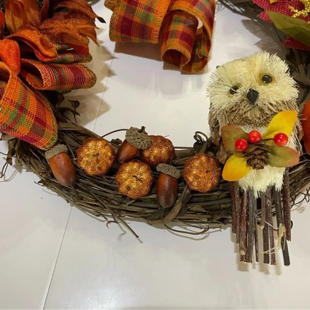 Thankful Owl Harvest Grapevine Wreath 16
